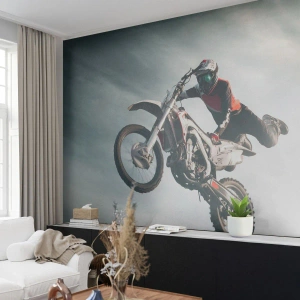 Fototapete Standard Eco - Motocross-Sprung über bergige Landschaft - 100x70cm - Kein Spaß ohne Risiko - Moderne Wanddekoration für Wohnzimmer und Schlafzimmer ARTTOR
