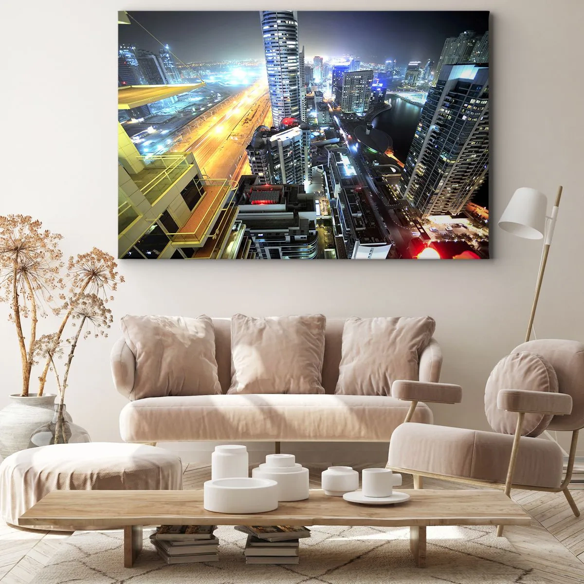 Bild auf Leinwand - Leinwandbild - Panorama der nächtlichen Stadt mit beleuchteten Wolkenkratzern - 100x70cm - Ein Wunder in der Wüste - Moderne Wanddekoration für Wohnzimmer und Schlafzimmer ARTTOR