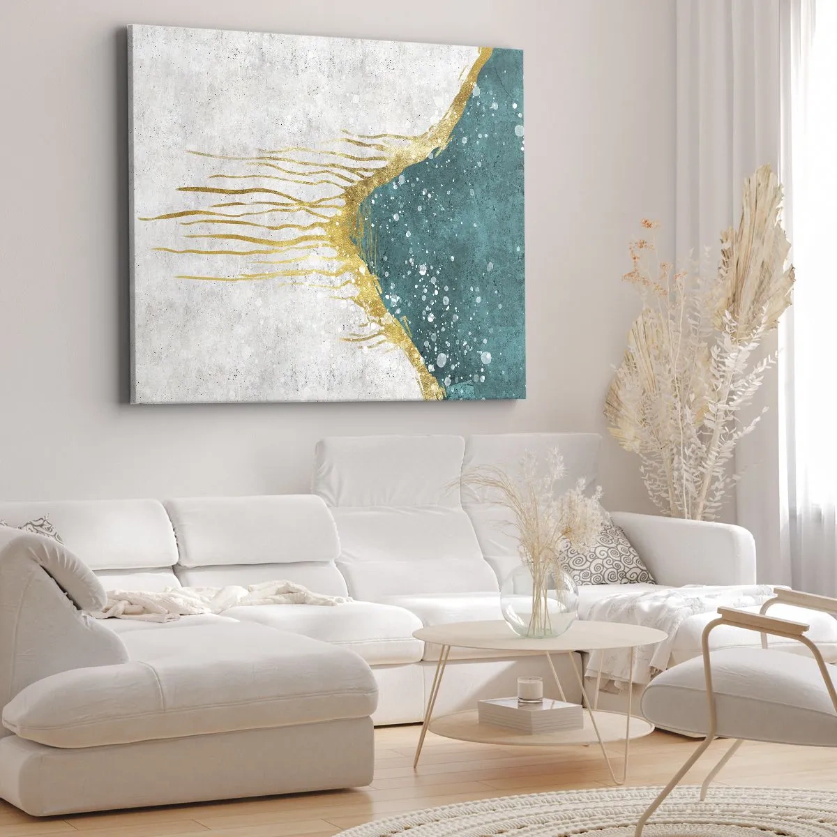 Bild auf Leinwand - Leinwandbild - Eine abstrakte Komposition in Gold- und Türkistönen - 70x50cm - Goldene Flut - Moderne Wanddekoration für Wohnzimmer und Schlafzimmer ARTTOR