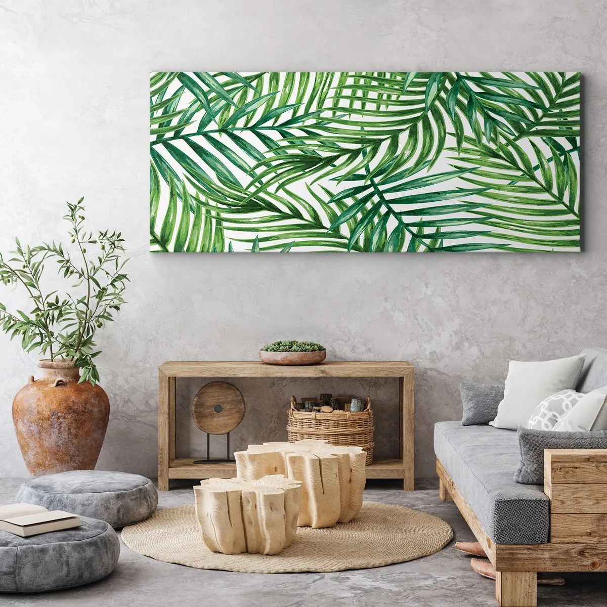 Bild auf Leinwand - Leinwandbild - Grüne tropische Palmblätter auf hellem Hintergrund - 120x50cm - Unter dem grünen Baldachin - Moderne Wanddekoration für Wohnzimmer und Schlafzimmer ARTTOR