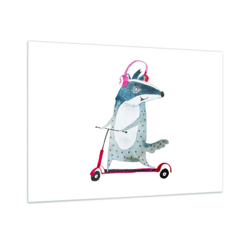 Glasbild - Bild auf glas - Dachs mit Kopfhörern auf einem Aquarell-Roller - 100x70cm - Dachsfreude - Moderne Wanddekoration für Wohnzimmer und Schlafzimmer ARTTOR