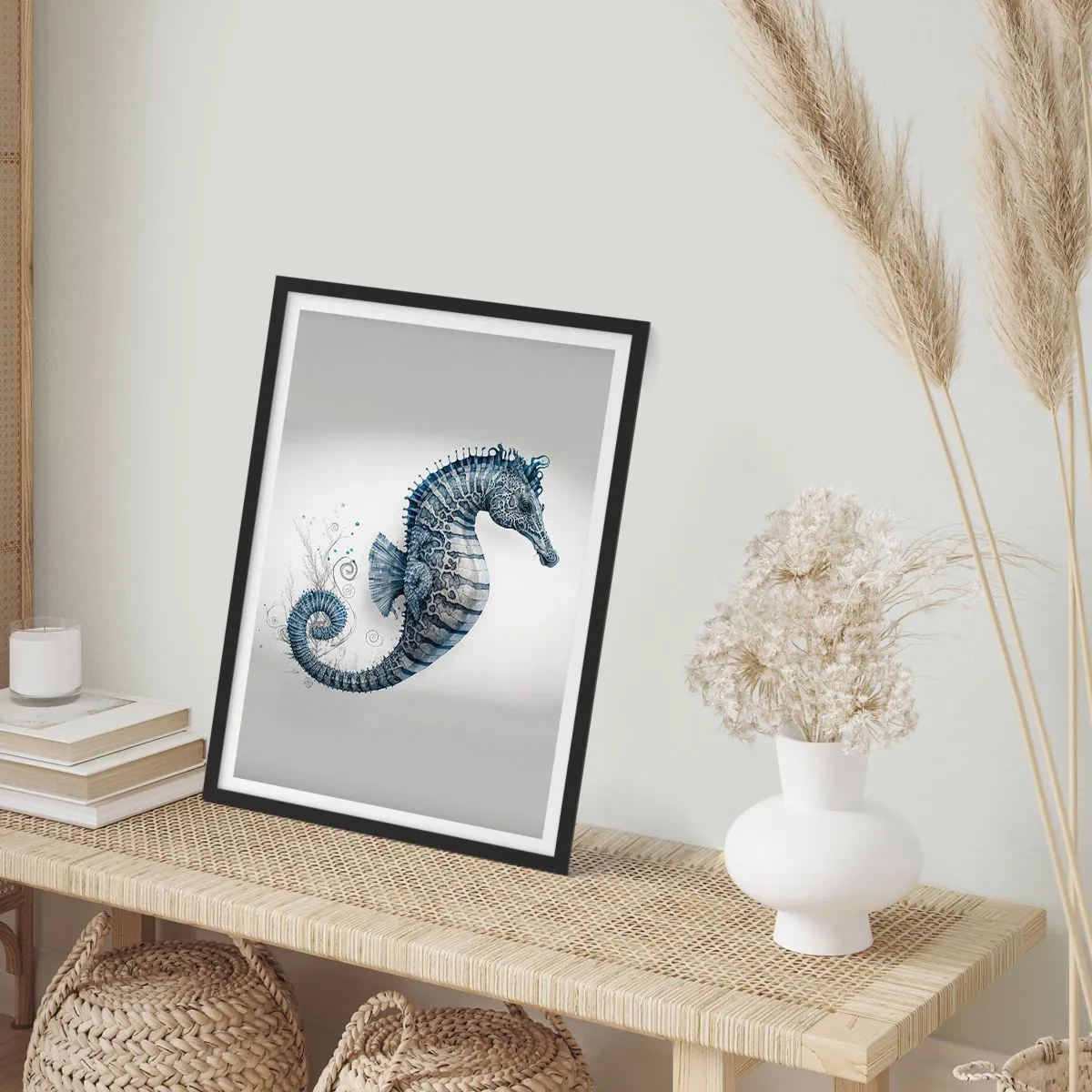 Poster in einem schwarzem Rahmen - Detaillierte Darstellung eines Seepferdchens auf hellem Hintergrund - 50x70cm - Subtiler Witz der Natur - Moderne Wanddekoration für Wohnzimmer und Schlafzimmer ARTTOR