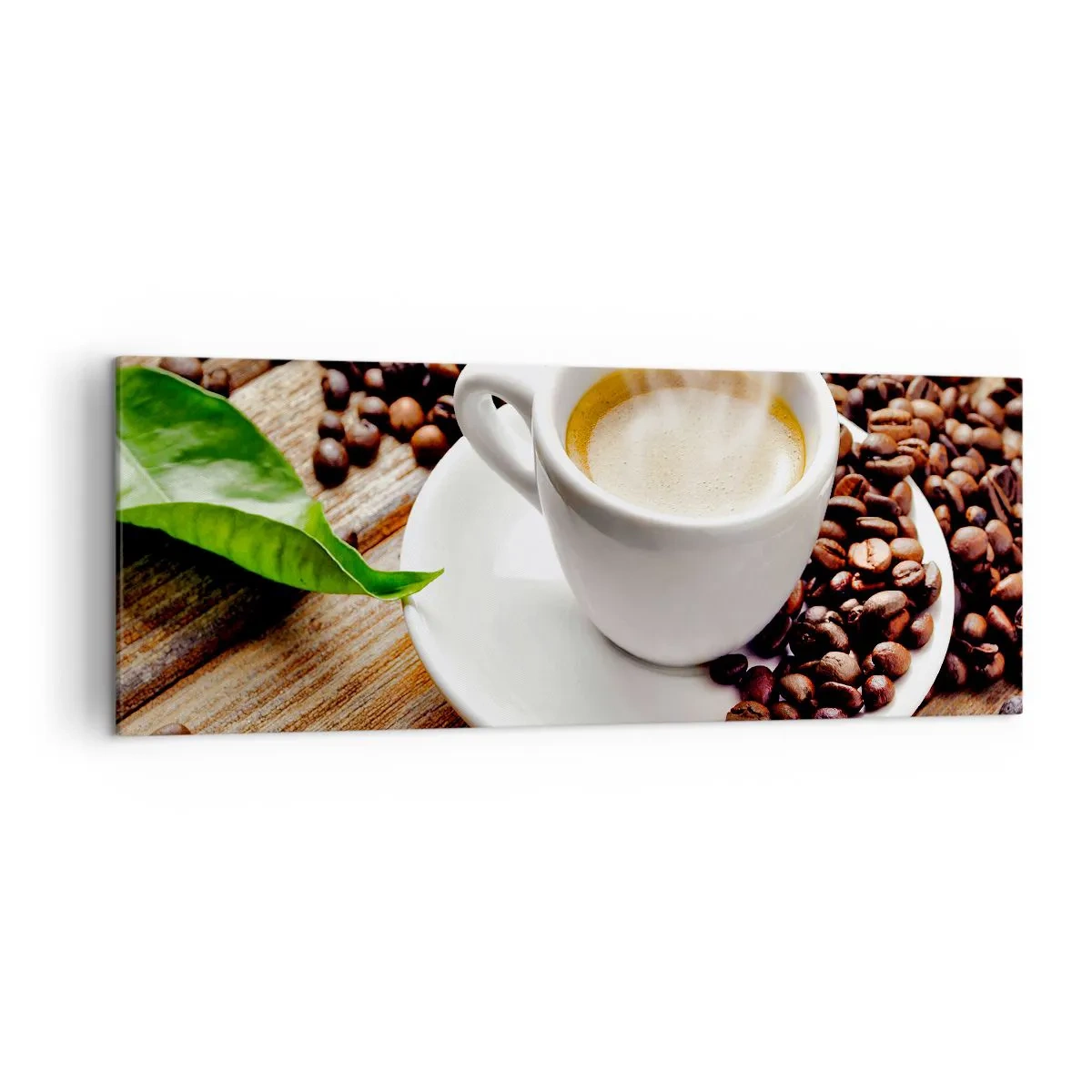 Bild auf Leinwand - Leinwandbild - Eine Tasse aromatischen Kaffee vor dem Hintergrund von Bohnen und einem Blatt - 140x50cm - Kaffee auf der Bank - Moderne Wanddekoration für Wohnzimmer und Schlafzimmer ARTTOR