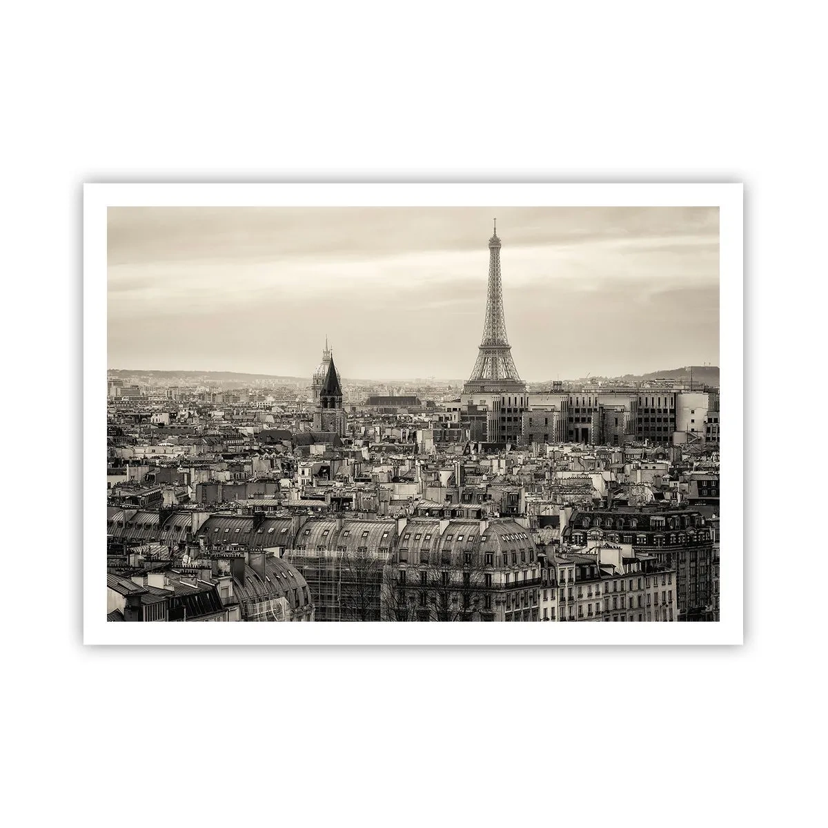 Poster - Panorama von Paris mit dem Eiffelturm in Sepiatönen - 100x70cm - Über den Dächern von Paris - Moderne Wanddekoration für Wohnzimmer und Schlafzimmer ARTTOR