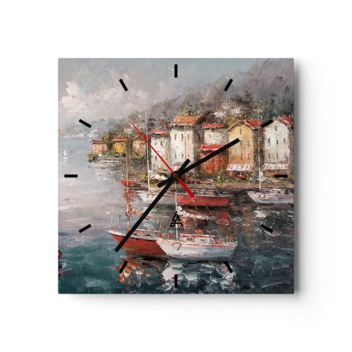 Wanduhr - Glasuhr - Küstenlandschaft mit Booten und bunten Häusern - 30x30cm - Romantische Oase - Moderne Wanddekoration für Wohnzimmer und Schlafzimmer ARTTOR