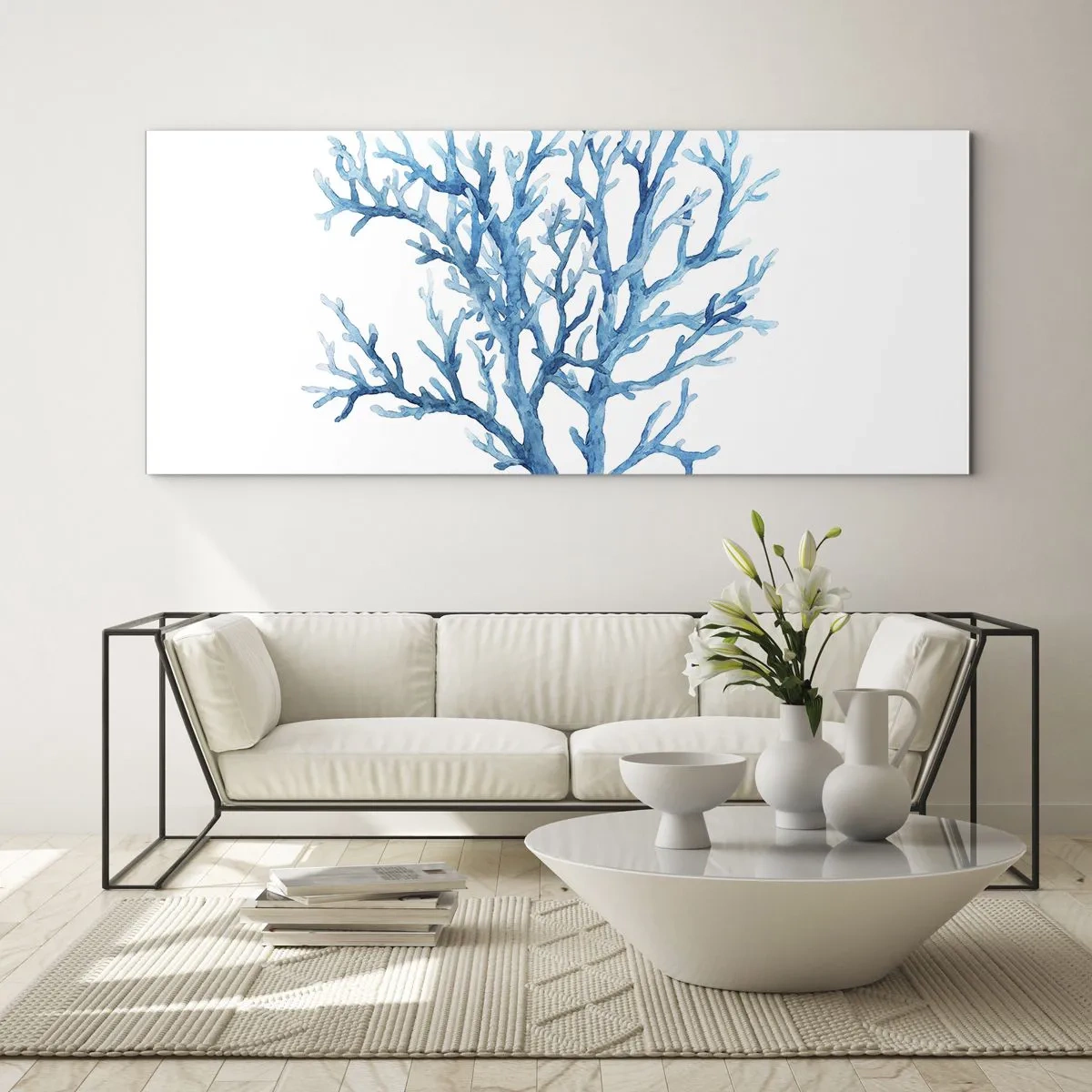 Glasbild - Bild auf glas - Blaue Koralle auf weißem Hintergrund mit minimalistischem Flair - 160x50cm - Nautisches Filigran - Moderne Wanddekoration für Wohnzimmer und Schlafzimmer ARTTOR