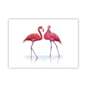 Poster - Ein Flamingopaar im Wasser vor hellem Hintergrund - 100x70cm - Rosa randez-vous - Moderne Wanddekoration für Wohnzimmer und Schlafzimmer ARTTOR