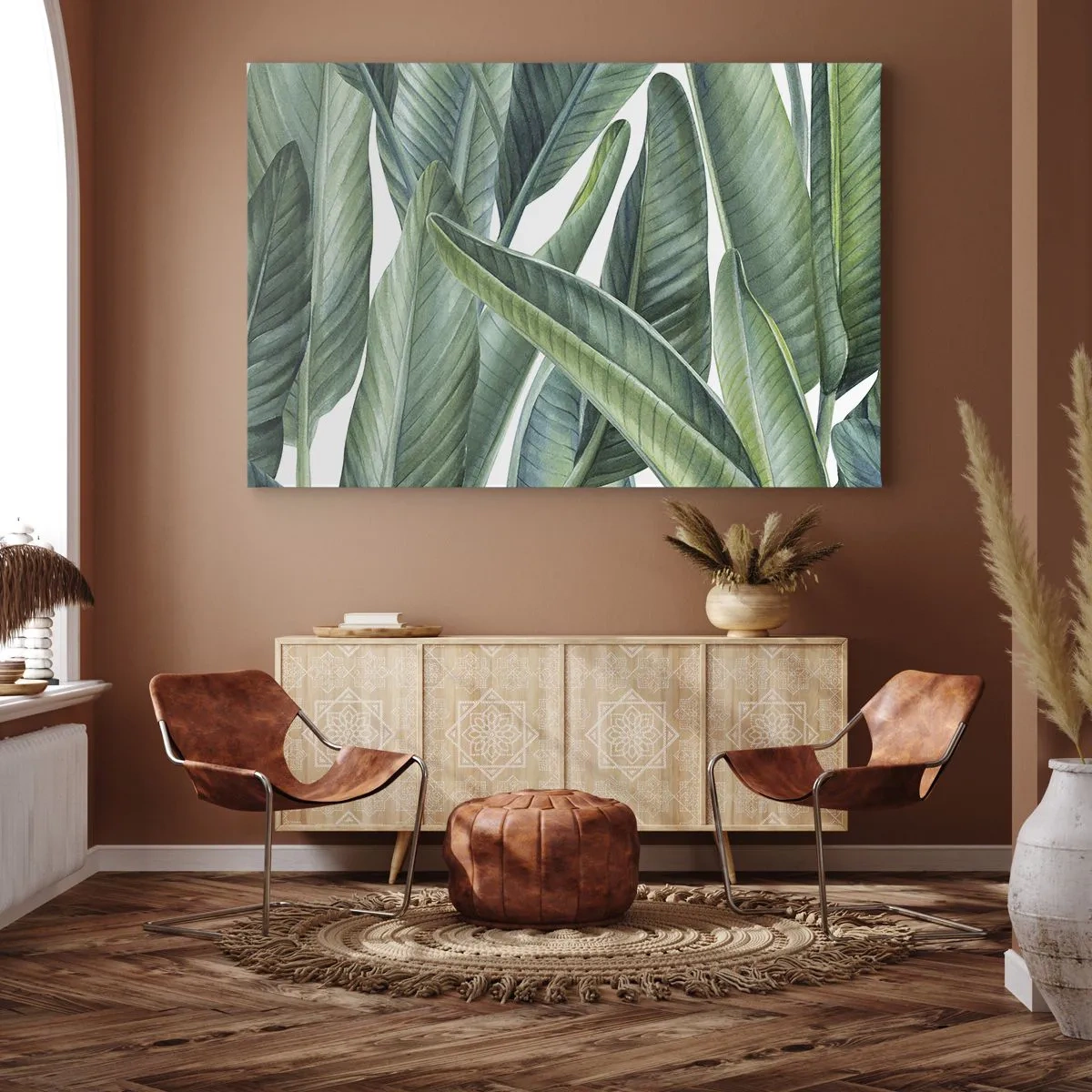 Bild auf Leinwand - Leinwandbild - Grüne Blätter im minimalistischen, botanischen Stil - 70x50cm - An und für sich Grün - Moderne Wanddekoration für Wohnzimmer und Schlafzimmer ARTTOR