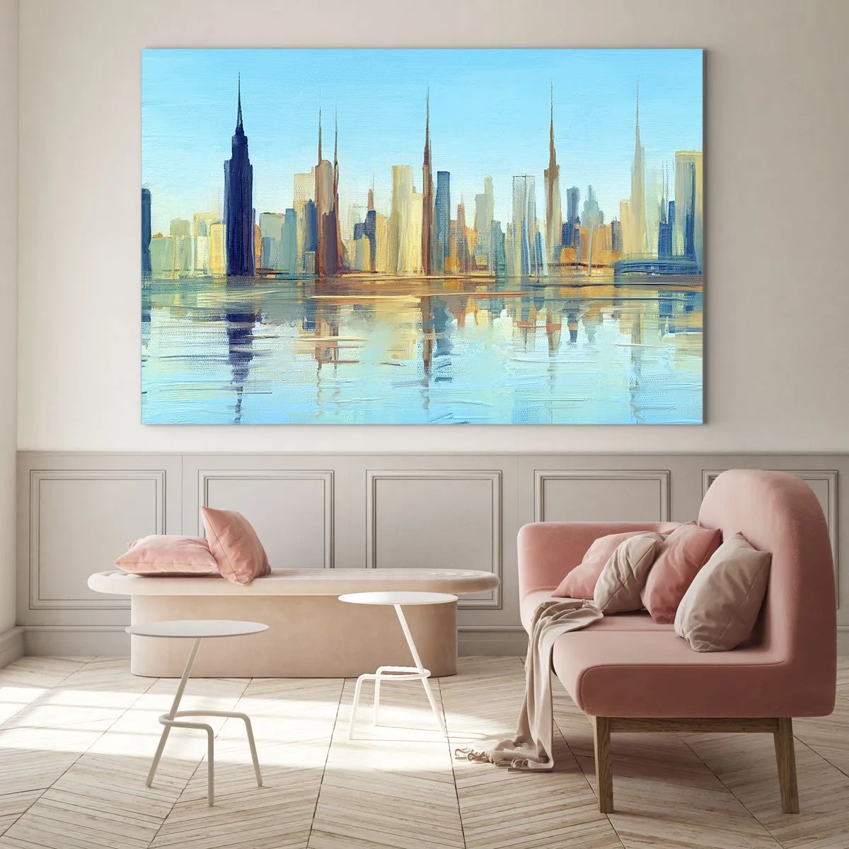 Glasbild - Bild auf glas - Ein Panorama der Metropole spiegelt sich im Wasser unter blauem Himmel - 100x70cm - Sonnige Metropole - Moderne Wanddekoration für Wohnzimmer und Schlafzimmer ARTTOR