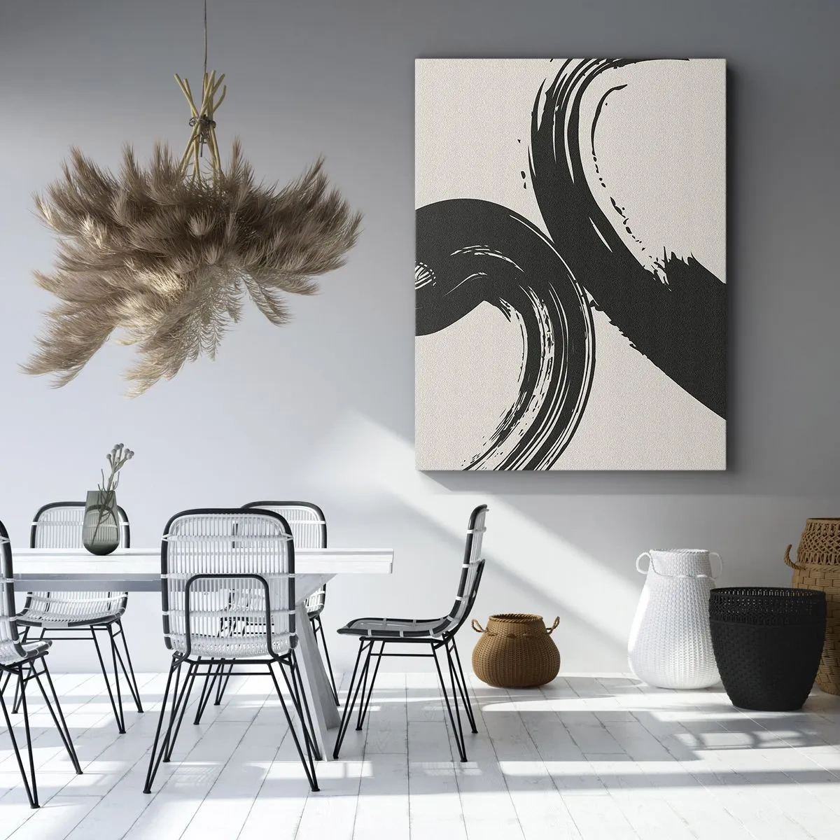 Bild auf Leinwand - Leinwandbild - Dynamische Pinselstriche in Schwarz auf hellem Hintergrund - 70x100cm - Ausladend und kreisförmig - Moderne Wanddekoration für Wohnzimmer und Schlafzimmer ARTTOR