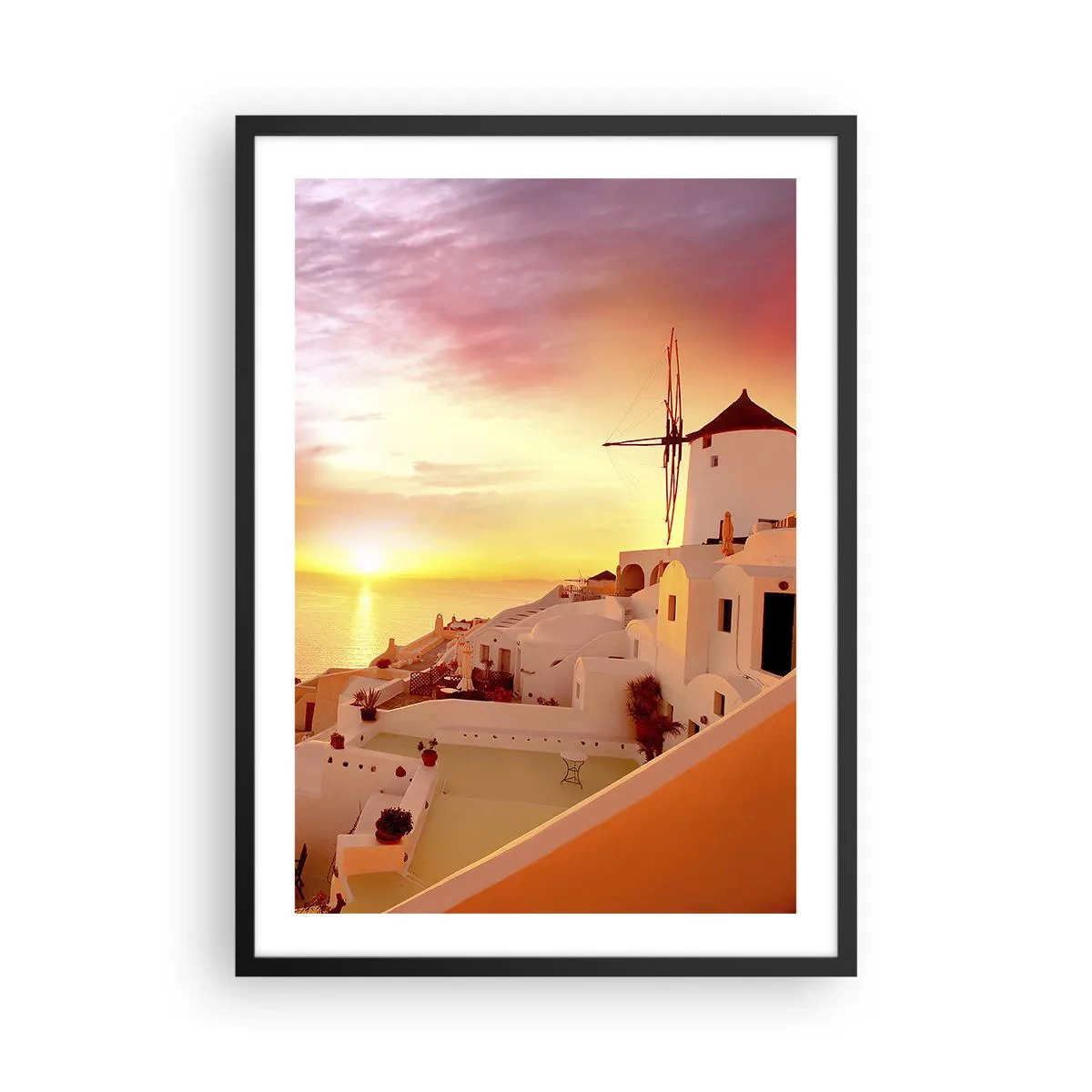 Poster in einem schwarzem Rahmen - Ein malerischer Sonnenuntergang in einer griechischen Stadt - 50x70cm - In Weiß und Gold schmelzen - Moderne Wanddekoration für Wohnzimmer und Schlafzimmer ARTTOR