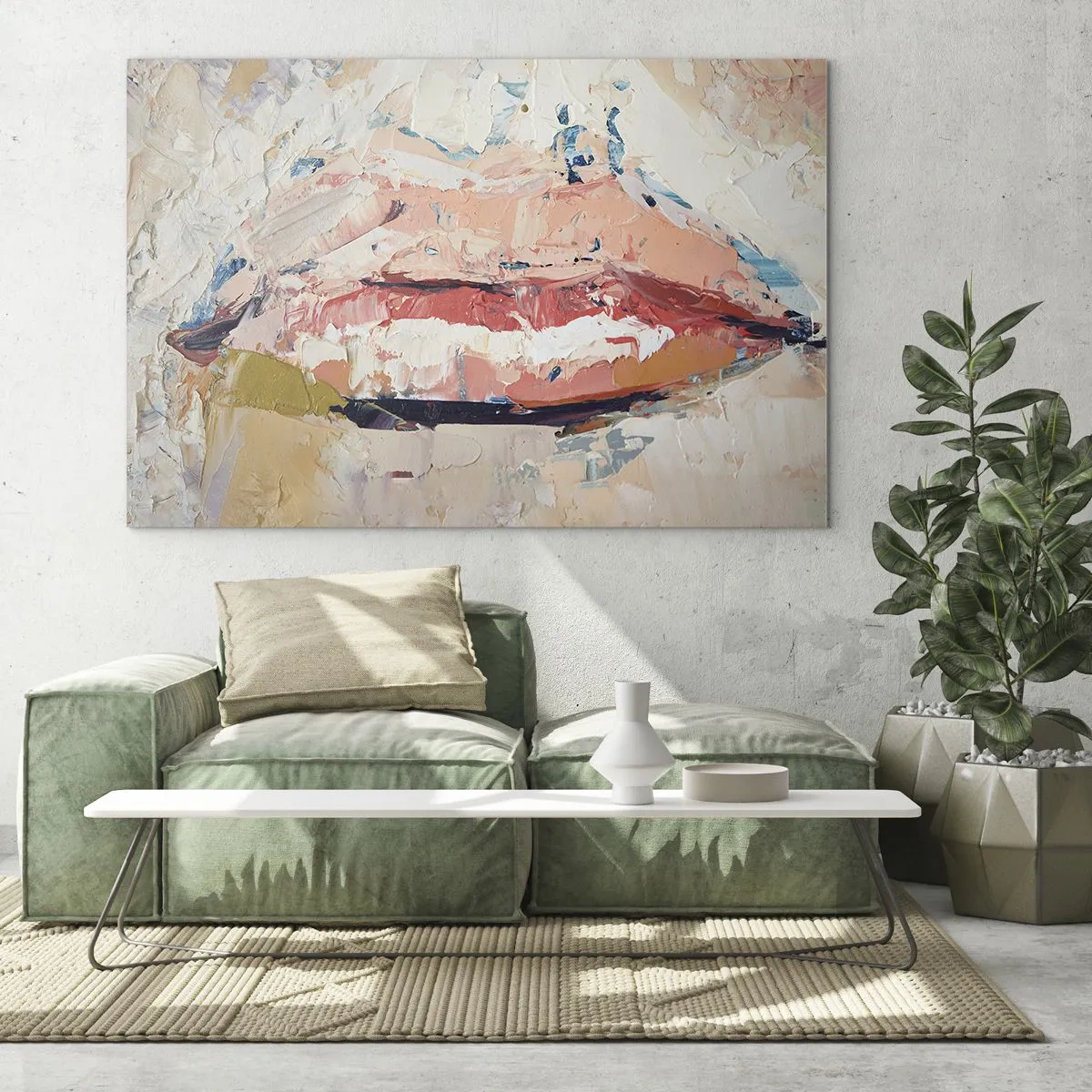 Glasbild - Bild auf glas - Abstraktes Bild von Lippen in einer expressiven Maltechnik - 70x50cm - Es weckt die Sinne - Moderne Wanddekoration für Wohnzimmer und Schlafzimmer ARTTOR