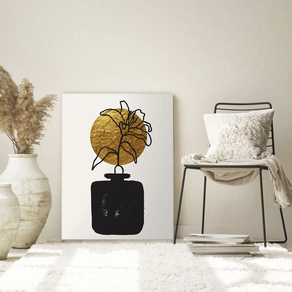 Glasbild - Bild auf glas - Eine Zeichnung einer Blume in einer Vase vor einem goldenen Kreishintergrund - 70x100cm - Schönheit ist Gold wert - Moderne Wanddekoration für Wohnzimmer und Schlafzimmer ARTTOR