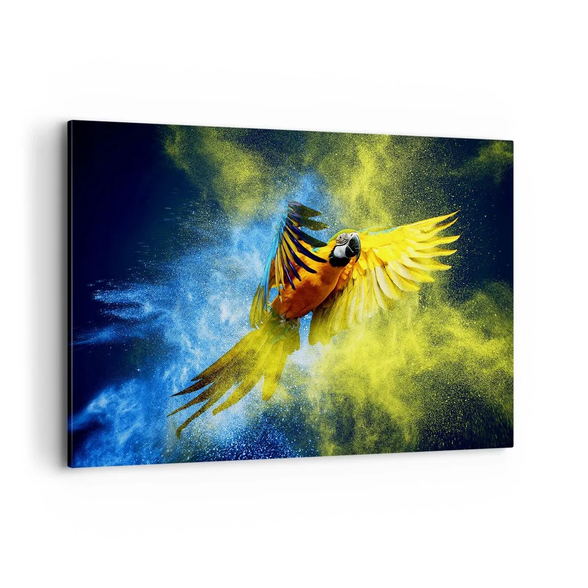 Bild auf Leinwand - Leinwandbild - Ein Papagei im Flug vor einem Hintergrund aus farbenfrohen Explosionen in Gelb und Blau. - 120x80cm - Im blauen und goldenen Staub - Moderne Wanddekoration für Wohnzimmer und Schlafzimmer ARTTOR