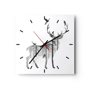 Wanduhr - Glasuhr - Silhouette eines Hirsches mit Wald und Vögeln - 30x30cm - Guter Waldgeist - Moderne Wanddekoration für Wohnzimmer und Schlafzimmer ARTTOR