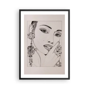 Poster in einem schwarzem Rahmen - Skizze einer Frau mit glamourösem Schmuck - 50x70cm - Das schönste Juwel - Moderne Wanddekoration für Wohnzimmer und Schlafzimmer ARTTOR