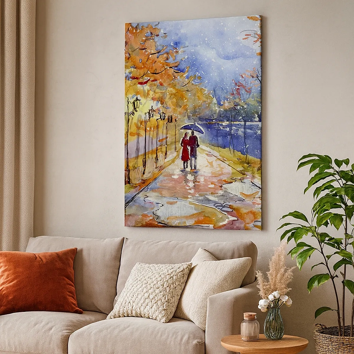 Bild auf Leinwand - Leinwandbild - Ein Herbstspaziergang im Park am Flussufer unter einem Regenschirm - 50x70cm - Gemeinsam bis an die Grenze der Zeit - Moderne Wanddekoration für Wohnzimmer und Schlafzimmer ARTTOR