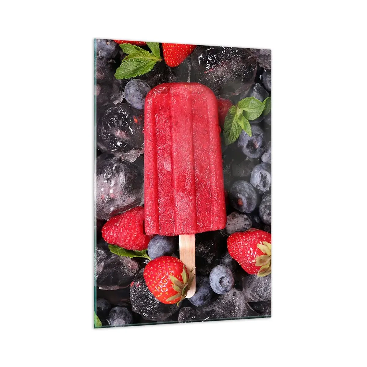 Glasbild - Bild auf glas - Rotes Eis am Stiel, umgeben von Früchten und Eis - 80x120cm - So schmeckt der heiße Sommer - Moderne Wanddekoration für Wohnzimmer und Schlafzimmer ARTTOR