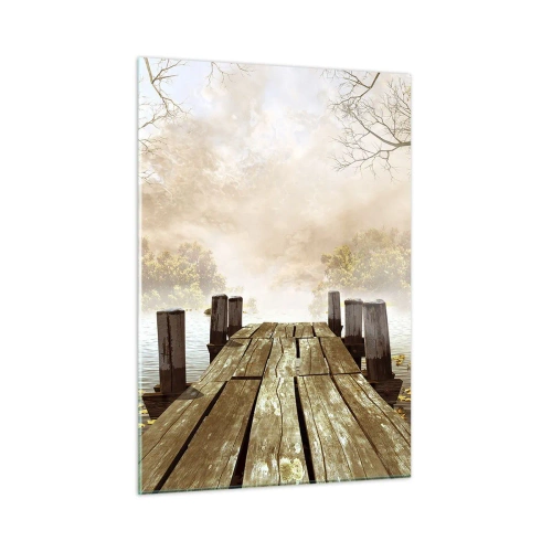 Glasbild - Bild auf glas - Ein Holzsteg über einem ruhigen See im Nebel - 50x70cm - Die milde Traurigkeit des Herbstes - Moderne Wanddekoration für Wohnzimmer und Schlafzimmer ARTTOR