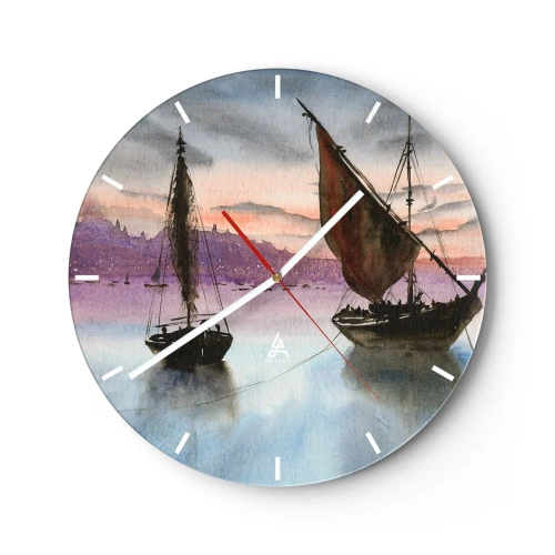 Wanduhr - Glasuhr - Segelschiffe auf dem Wasser bei Sonnenuntergang - 30x30cm - Abend am Hafen - Moderne Wanddekoration für Wohnzimmer, Küche und Schlafzimmer ARTTOR