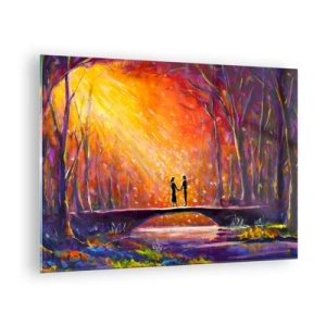 Glasbild - Bild auf glas - Ein Paar auf einer Brücke im Licht der untergehenden Sonne, umgeben von Bäumen. - 70x50cm - Der Himmel liebt sie auch - Moderne Wanddekoration für Wohnzimmer und Schlafzimmer ARTTOR