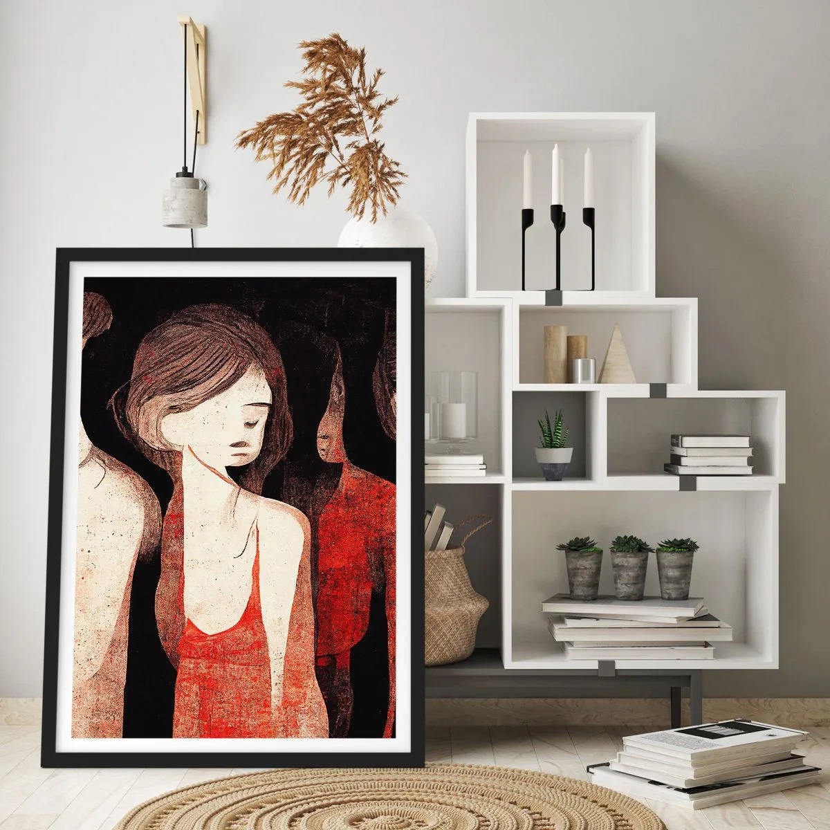 Poster in einem schwarzem Rahmen - Abstrakte Darstellung einer Figur in Rot und Schwarz - 50x70cm - Madonnen der Dunkelheit - Moderne Wanddekoration für Wohnzimmer und Schlafzimmer ARTTOR