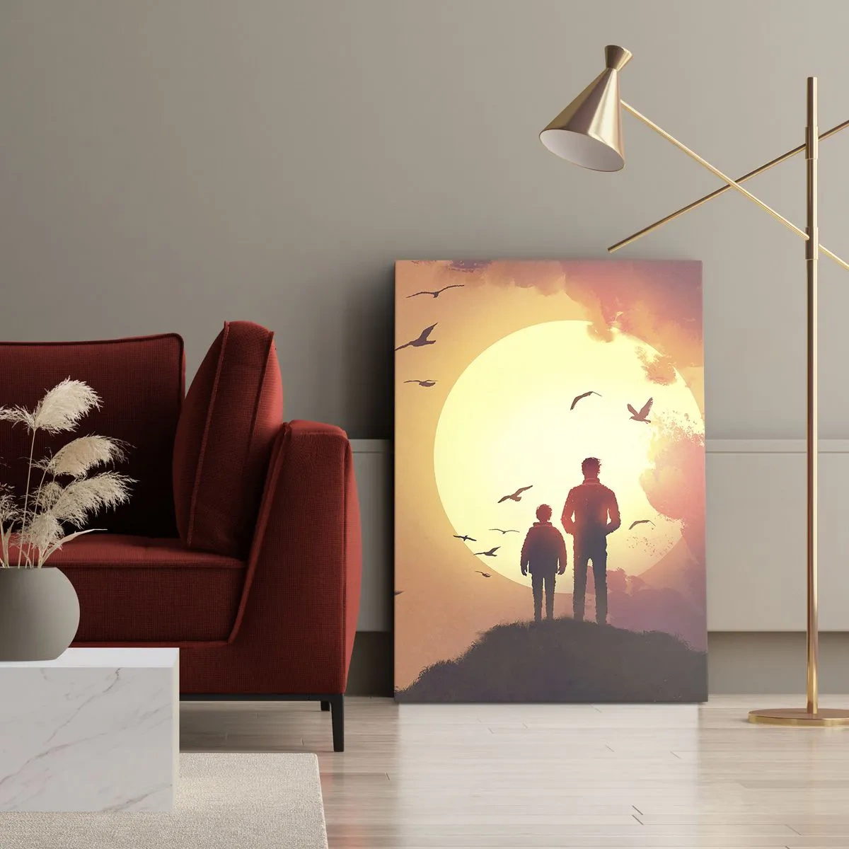 Bild auf Leinwand - Leinwandbild - Figuren vor dem Hintergrund der untergehenden Sonne - 80x120cm - Von Angesicht zu Angesicht mit der Sonne - Moderne Wanddekoration für Wohnzimmer und Schlafzimmer ARTTOR