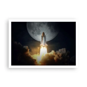 Poster - Eine Rakete hebt vor dem Hintergrund eines Vollmonds ab, umgeben von dynamischen Wolken. - 100x70cm - Beginn eines überirdischen Abenteuers - Moderne Wanddekoration für Wohnzimmer und Schlafzimmer ARTTOR