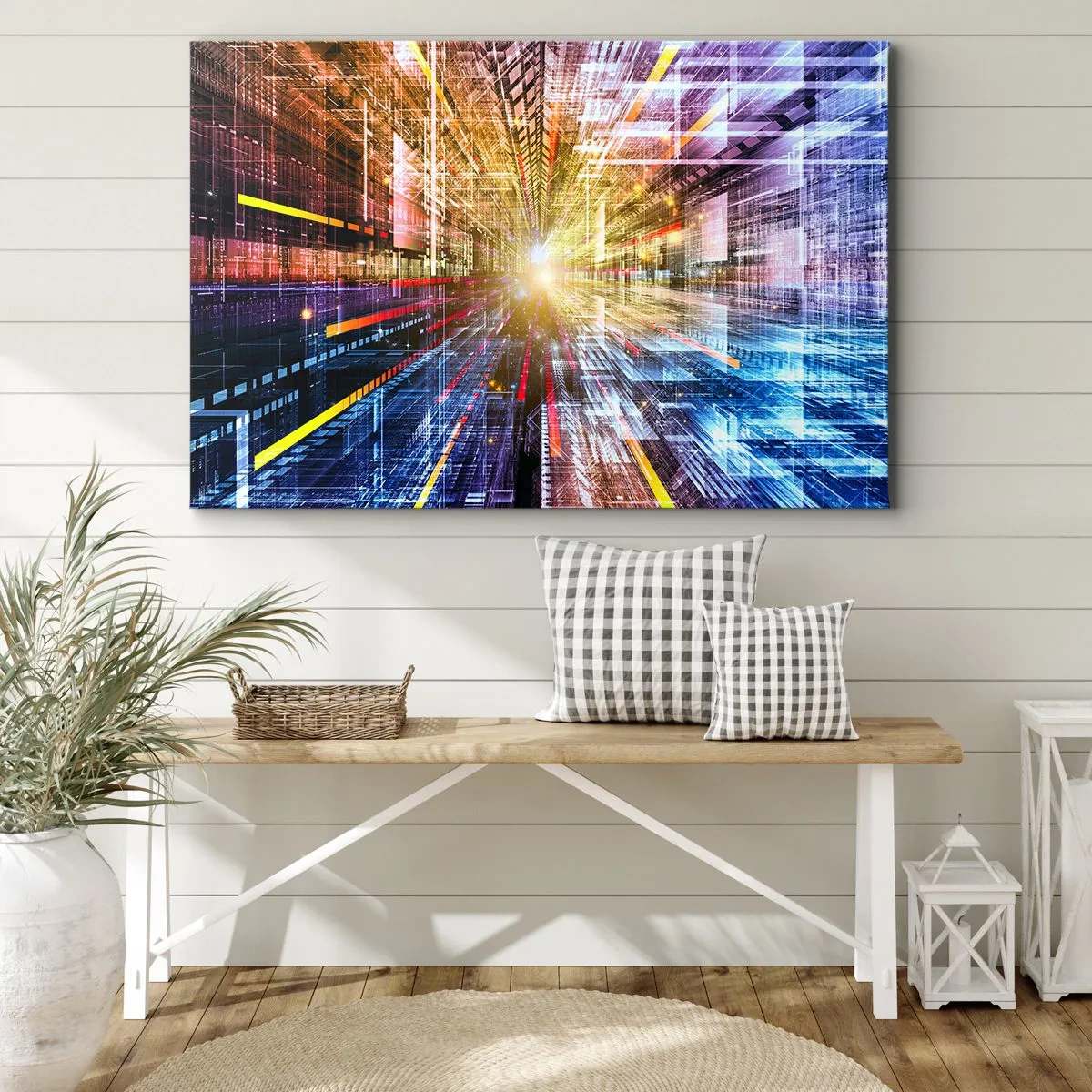 Bild auf Leinwand - Leinwandbild - Dynamische Lichter in einem futuristischen Korridor - 70x50cm - Leuchtender Korridor - Moderne Wanddekoration für Wohnzimmer und Schlafzimmer ARTTOR