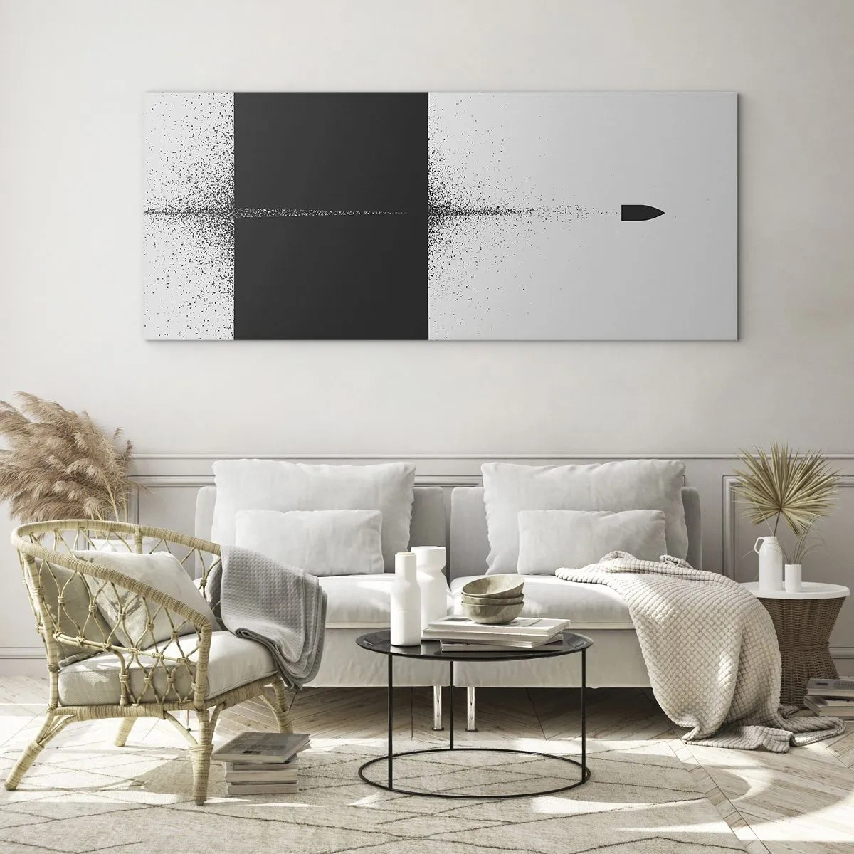 Glasbild - Bild auf glas - Ein symbolisches Projektil im minimalistischen, abstrakten Stil. - 160x50cm - Direkt zum Ziel - Moderne Wanddekoration für Wohnzimmer und Schlafzimmer ARTTOR