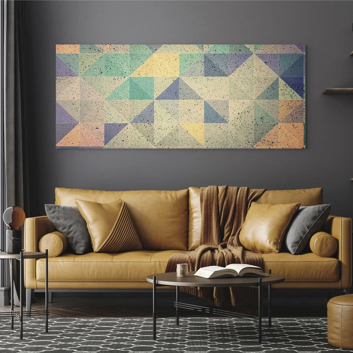 Glasbild - Bild auf glas - Eine farbenfrohe Komposition aus geometrischen Dreiecken in Pastelltönen. - 120x50cm - Republik der Dreiecke - Moderne Wanddekoration für Wohnzimmer und Schlafzimmer ARTTOR