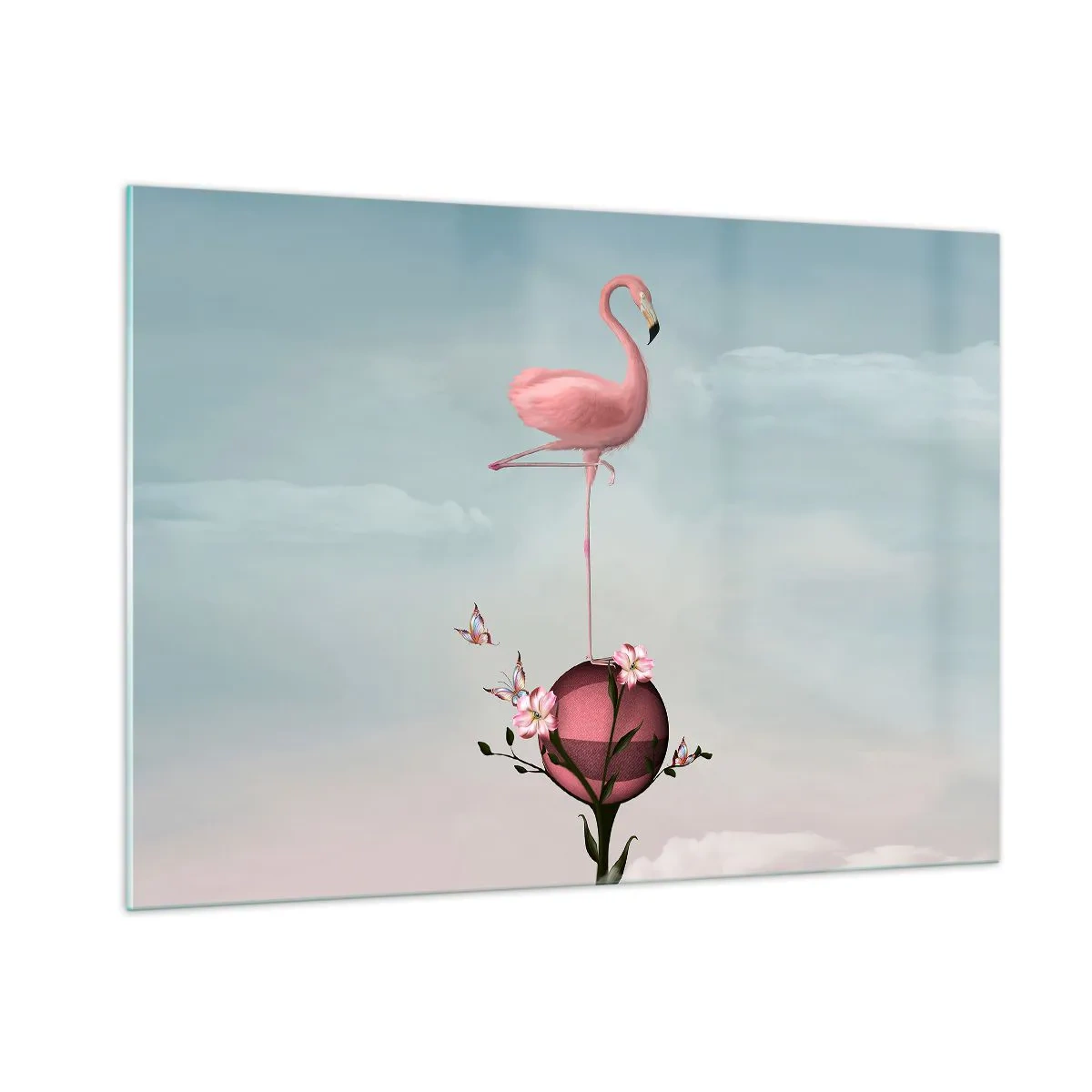 Glasbild - Bild auf glas - Ein rosa Flamingo steht auf einer dekorativen Kugel mit Blumen und Schmetterlingen. - 100x70cm - Basketball-Allegorie - Moderne Wanddekoration für Wohnzimmer und Schlafzimmer ARTTOR