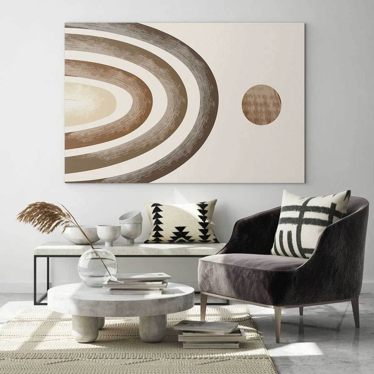 Glasbild - Bild auf glas - Abstrakte Streifen und Kreise in Brauntönen - 70x50cm - In einer weit entfernten Galaxie - Moderne Wanddekoration für Wohnzimmer und Schlafzimmer ARTTOR