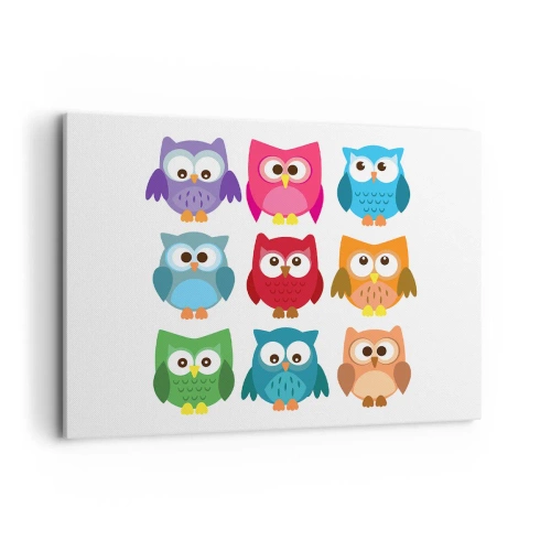 Bild auf Leinwand - Leinwandbild - Bunte Eulenillustrationen im kindlichen Stil - 100x70cm - Es macht Spaß, anders zu sein - Moderne Wanddekoration für Wohnzimmer und Schlafzimmer ARTTOR