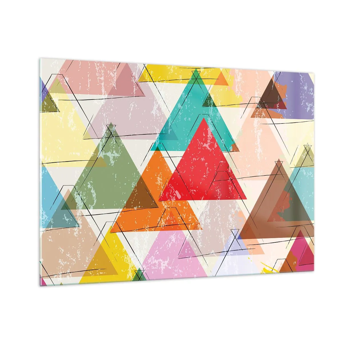 Glasbild - Bild auf glas - Abstraktes Muster aus Dreiecken in verschiedenen Farben - 100x70cm - Drei mal drei - Moderne Wanddekoration für Wohnzimmer und Schlafzimmer ARTTOR