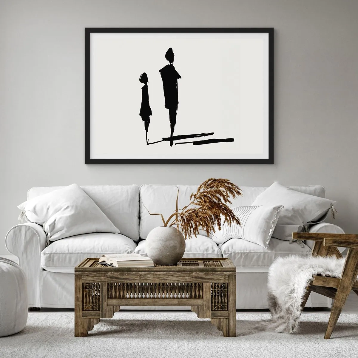 Poster in einem schwarzem Rahmen - Silhouetten von zwei Menschen in Schwarz auf hellem Hintergrund - 100x70cm - Mit Sicherheit zusammen? - Moderne Wanddekoration für Wohnzimmer und Schlafzimmer ARTTOR