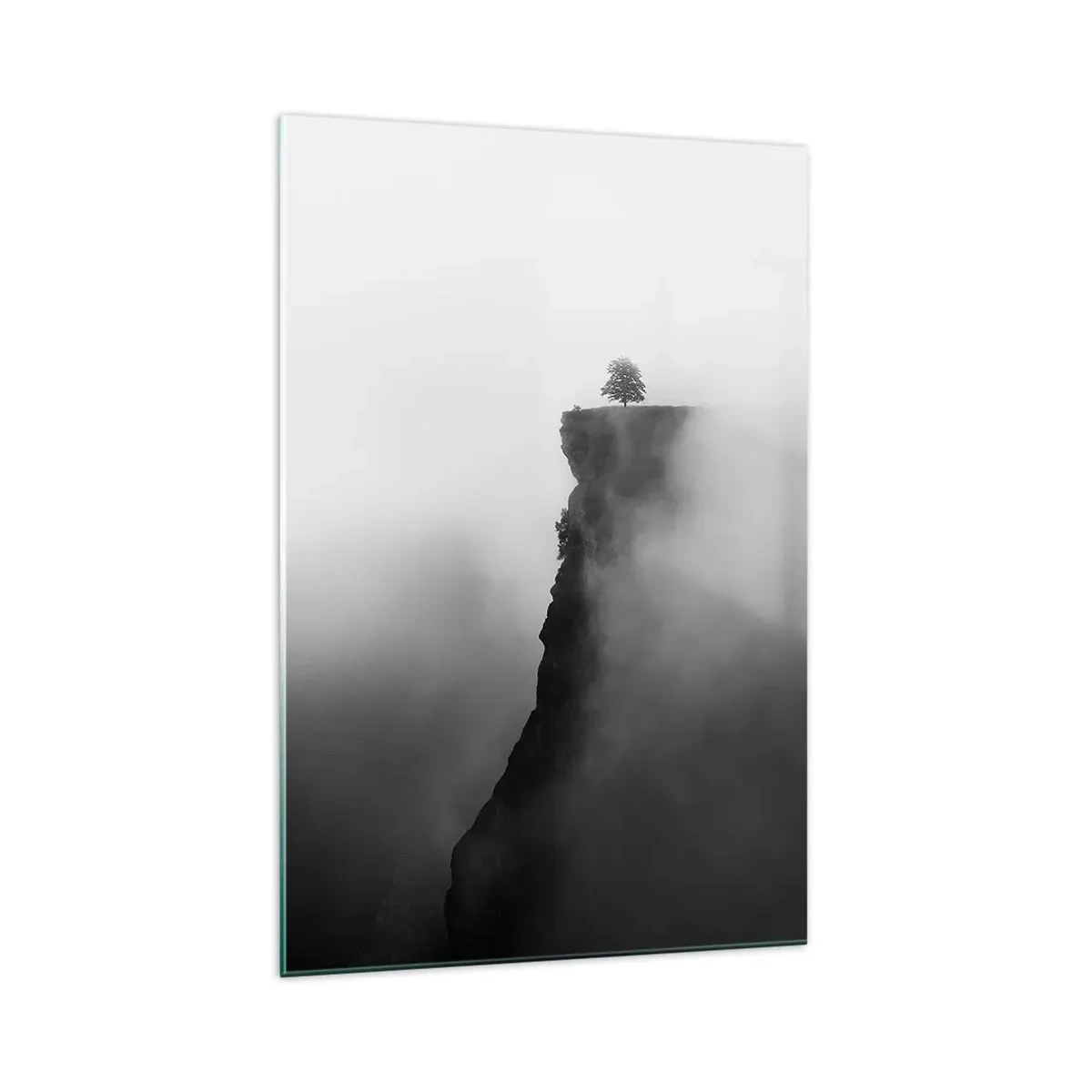 Glasbild - Bild auf glas - Ein einsamer Baum am Rand einer Klippe, umgeben von Nebel - 70x100cm - Am Rande der Welt - Moderne Wanddekoration für Wohnzimmer und Schlafzimmer ARTTOR