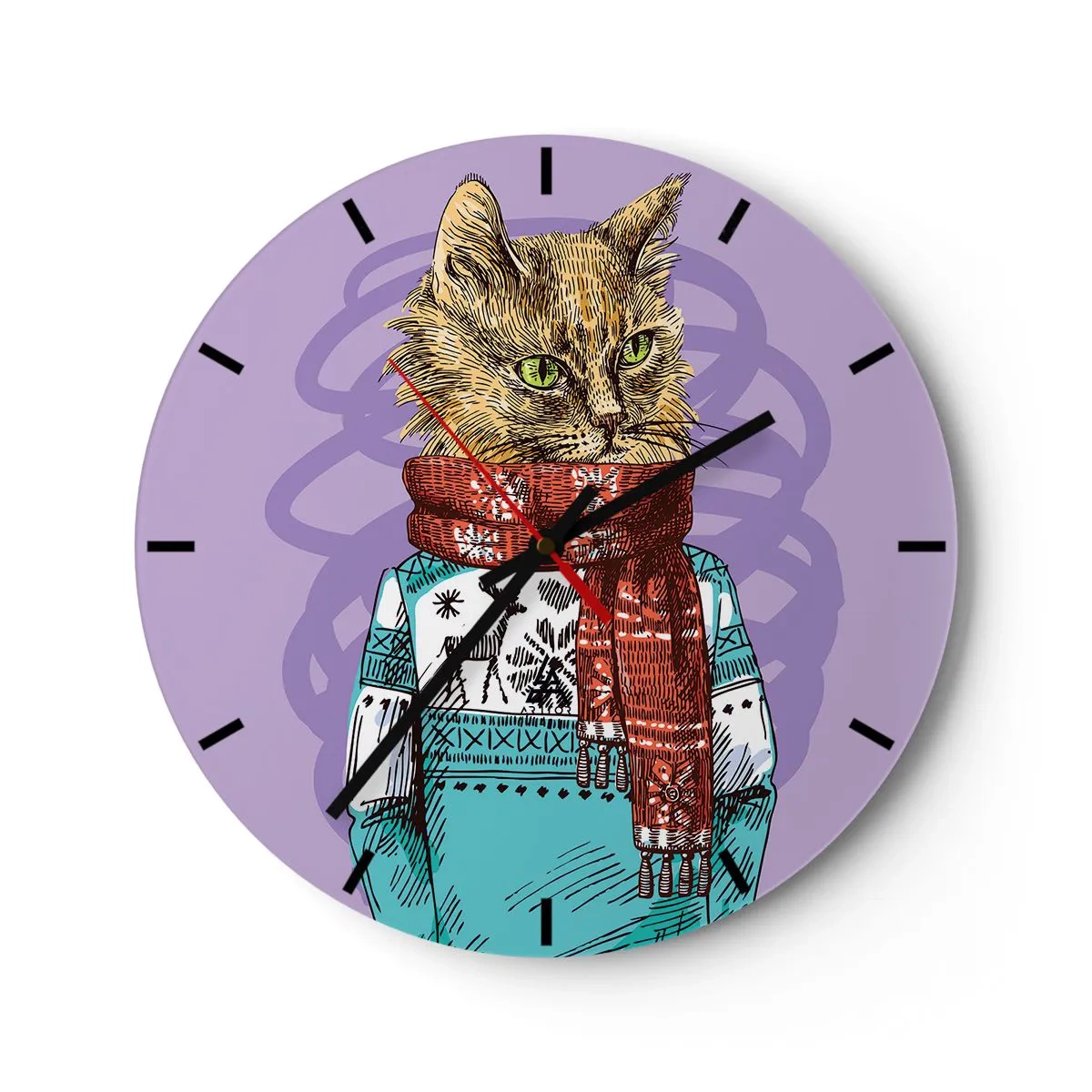 Wanduhr - Glasuhr - Eine Katze im Winteroutfit mit Schal auf violettem Hintergrund - 30x30cm - Die Katze nicht nur in Schuhen - Moderne Wanddekoration für Wohnzimmer, Küche und Schlafzimmer ARTTOR