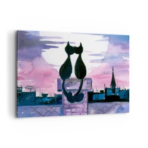 Bild auf Leinwand - Leinwandbild - Schwarze Katzen auf einem Dach im Mondlicht in einer Aquarell-Kulisse - 120x80cm - Rendez-vous unter dem Mond - Moderne Wanddekoration für Wohnzimmer und Schlafzimmer ARTTOR