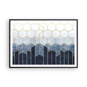 Poster in einem schwarzem Rahmen - Geometrisches Muster in Gold- und Marineblautönen - 100x70cm - Komposition im synkopischen Rhythmus - Moderne Wanddekoration für Wohnzimmer und Schlafzimmer ARTTOR