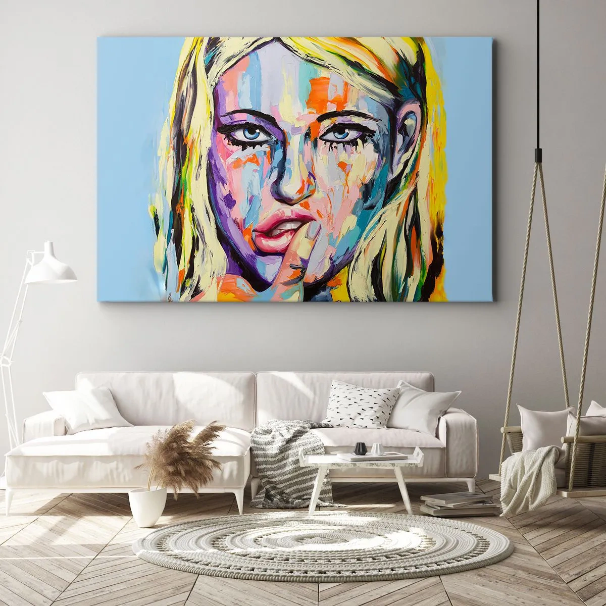 Bild auf Leinwand - Leinwandbild - Farbenfrohes Porträt einer Frau im abstrakten Stil - 70x50cm - Schau ihr direkt in die Augen - Moderne Wanddekoration für Wohnzimmer und Schlafzimmer ARTTOR