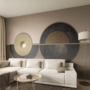 Fototapete Premium Sand - Geometrische Komposition aus Kreisen in Gold und Schwarz - 100x70cm - Variationen rund um den Kreis - Moderne Wanddekoration für Wohnzimmer und Schlafzimmer ARTTOR