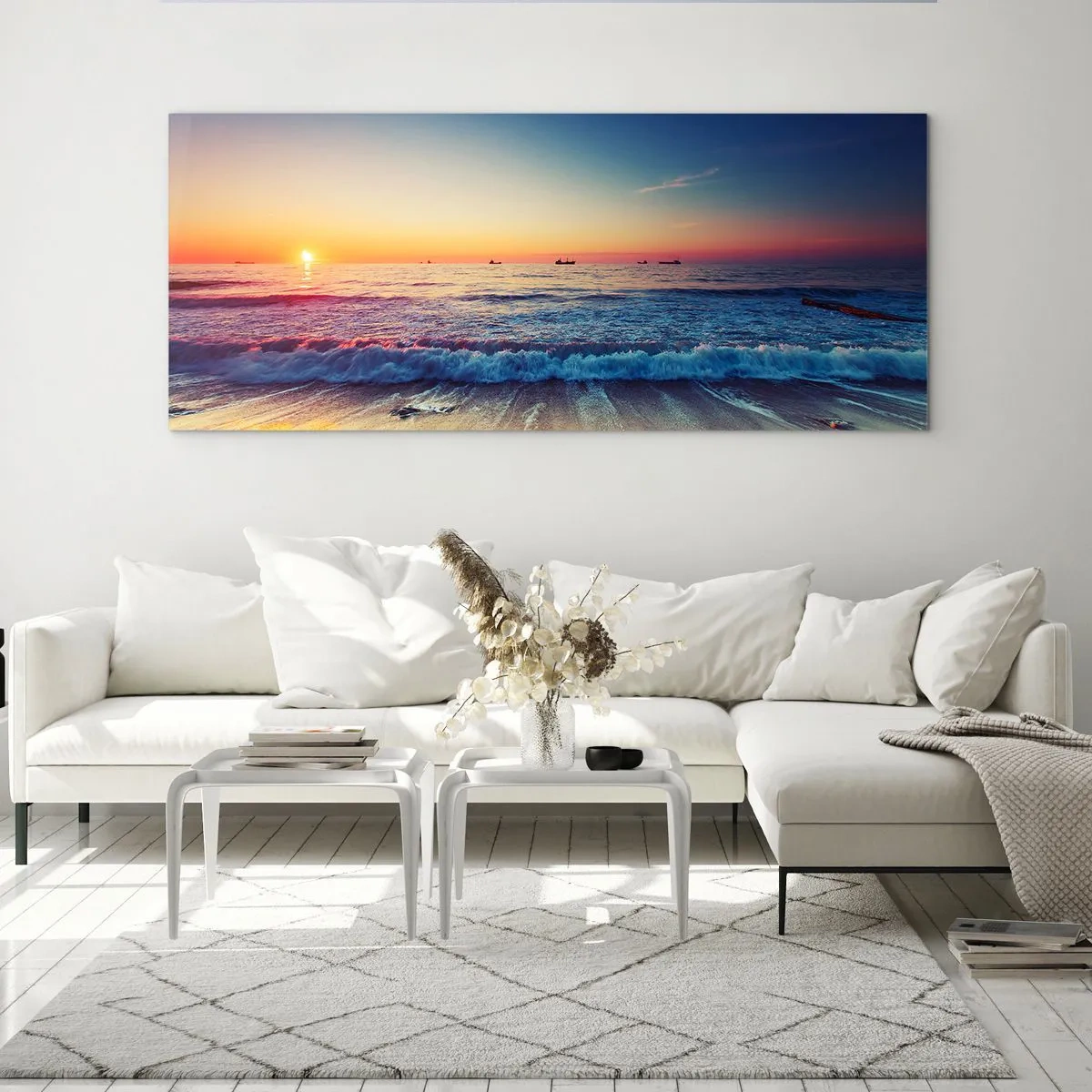 Glasbild - Bild auf glas - Sonnenuntergang über einem ruhigen Meer mit Wellen - 160x50cm - Was ist mit dem Horizont? - Moderne Wanddekoration für Wohnzimmer und Schlafzimmer ARTTOR