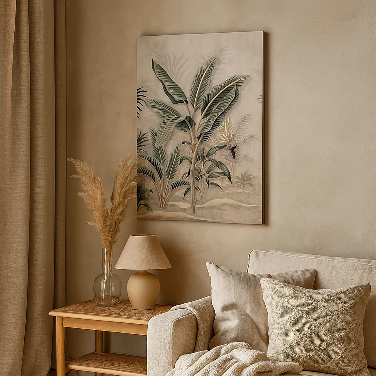 Bild auf Leinwand - Leinwandbild - Palmen und tropische Vegetation in Grüntönen auf beigem Hintergrund - 50x70cm - Eine Gravur im Kolonialstil - Moderne Wanddekoration für Wohnzimmer und Schlafzimmer ARTTOR