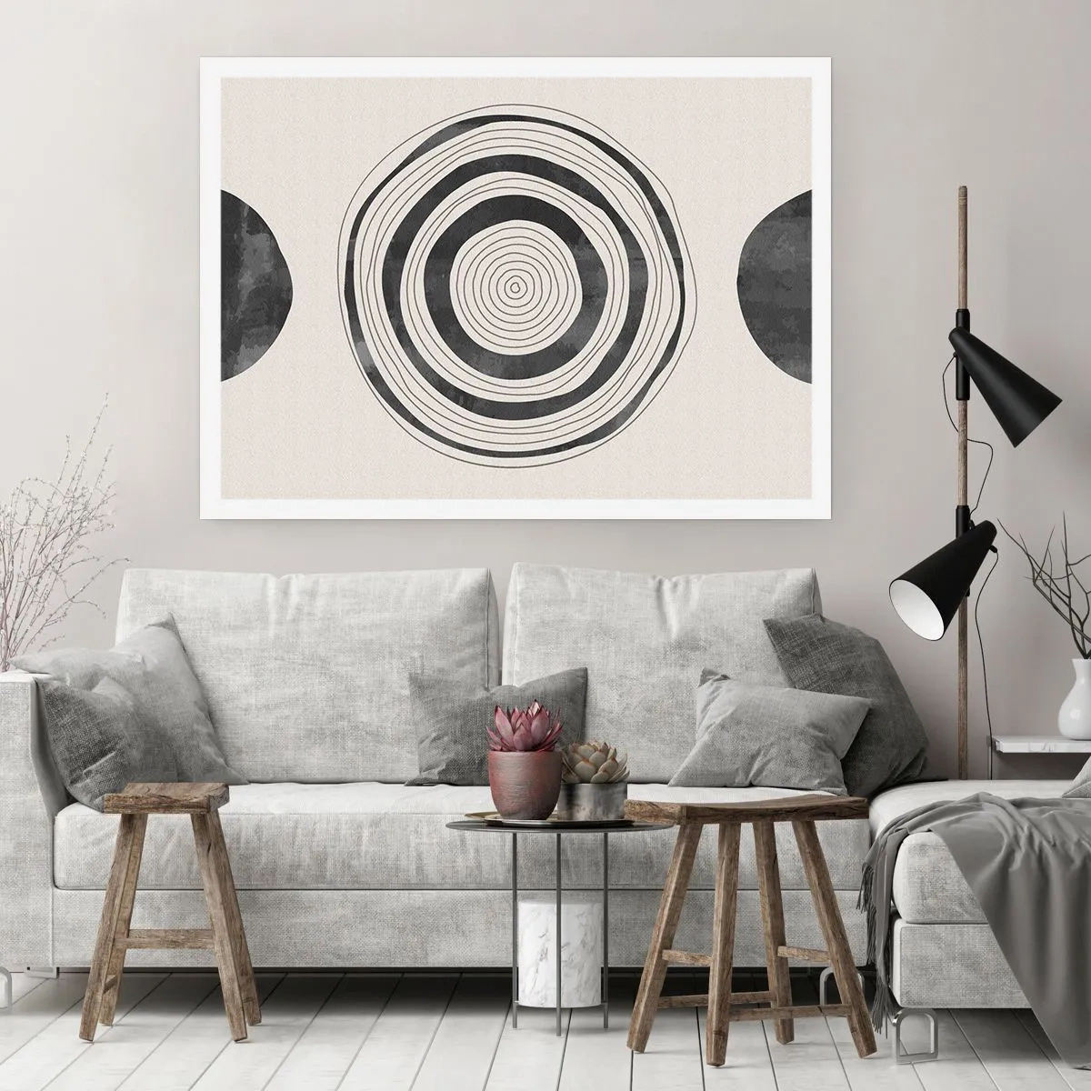 Poster - Minimalistische schwarz-weiße Kreise auf hellem Hintergrund - 100x70cm - Wichtig ist, was dazwischen liegt - Moderne Wanddekoration für Wohnzimmer und Schlafzimmer ARTTOR
