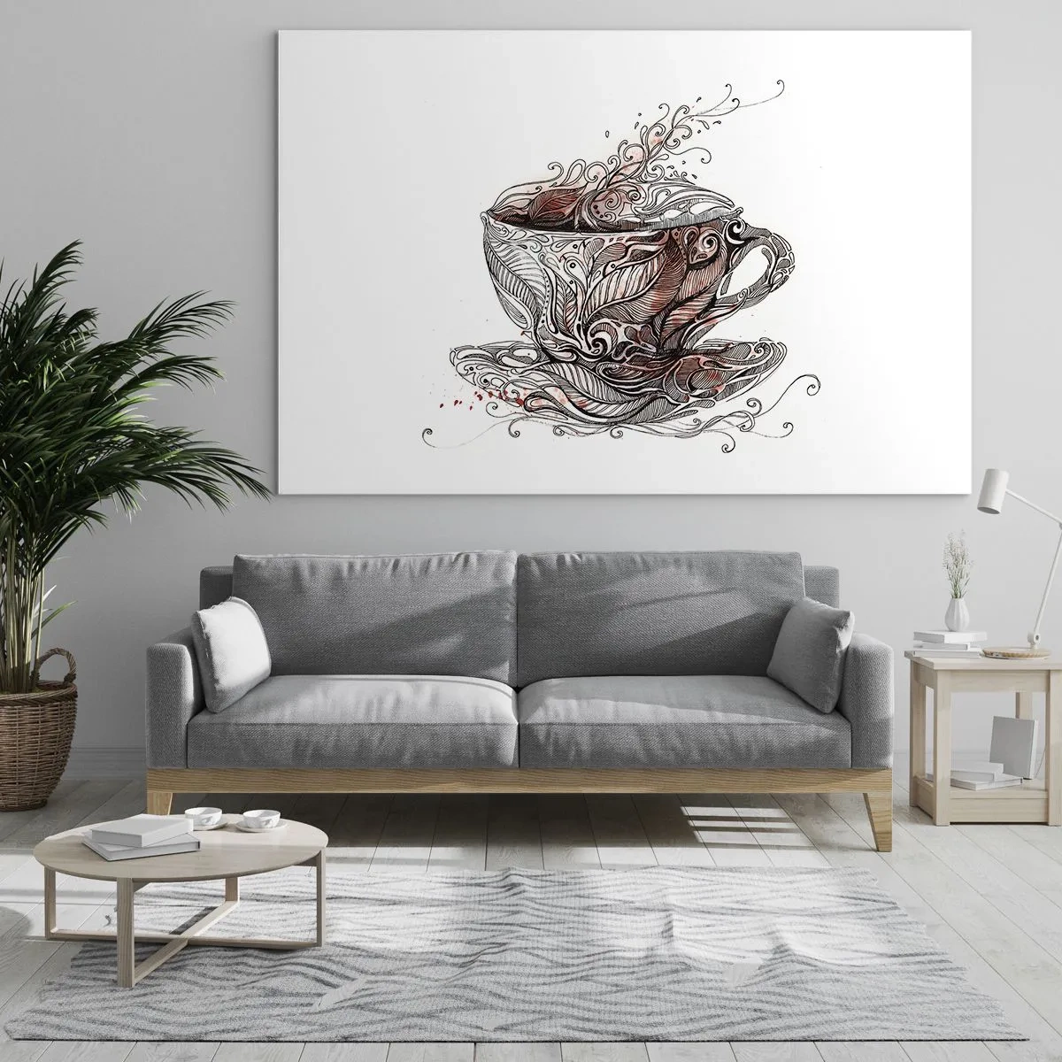 Glasbild - Bild auf glas - Künstlerische Zeichnung einer Tasse mit Ornamenten und Dampf - 100x70cm - Tee für alles - Moderne Wanddekoration für Wohnzimmer und Schlafzimmer ARTTOR