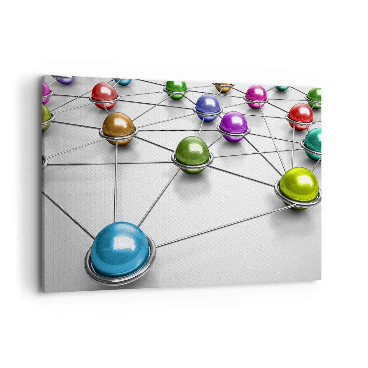 Bild auf Leinwand - Leinwandbild - Bunte Kugeln, die durch dünne Linien auf weißem Hintergrund verbunden sind - 120x80cm - Kosmisches Spinnennetz - Moderne Wanddekoration für Wohnzimmer und Schlafzimmer ARTTOR