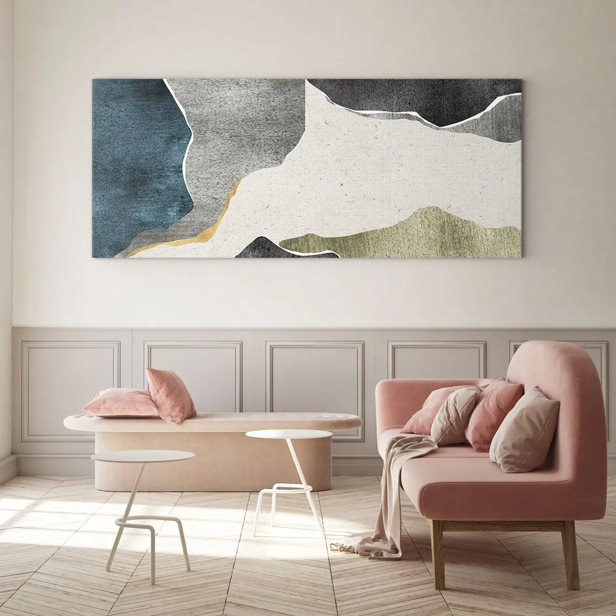 Glasbild - Bild auf glas - Geometrische Formen in Grau-, Grün- und Goldtönen - 160x50cm - Mosaikkomposition mit Goldfaden - Moderne Wanddekoration für Wohnzimmer und Schlafzimmer ARTTOR