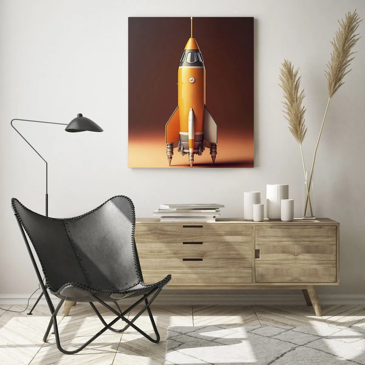 Glasbild - Bild auf glas - Eine Rakete im Retro-Stil vor einem Hintergrund in Brauntönen - 80x120cm - Es beginnt mit einem Traum - Moderne Wanddekoration für Wohnzimmer und Schlafzimmer ARTTOR
