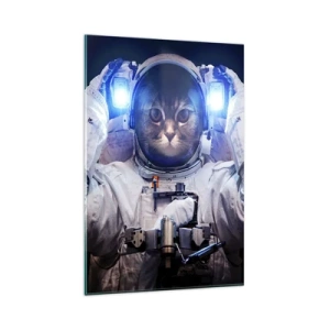 Glasbild - Bild auf glas - Eine Katze im Astronautenanzug mit der Erde im Hintergrund und einem hellen Licht. - 80x120cm - Houston, du hast ein Problem - Moderne Wanddekoration für Wohnzimmer und Schlafzimmer ARTTOR